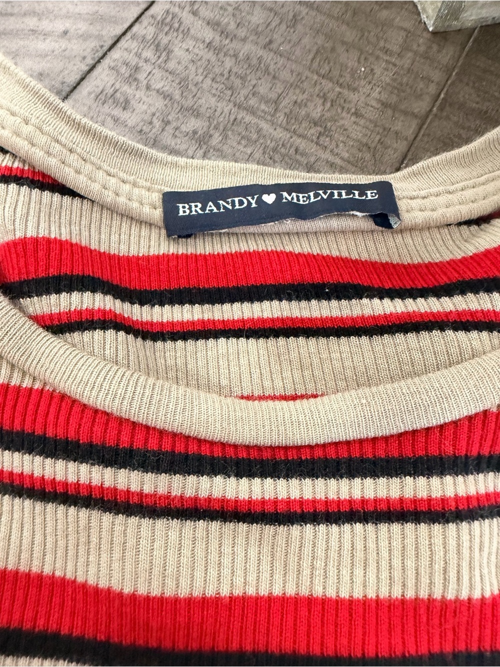 Brandy Melville Red and Cream Striped Ribbed Long-Sleeve Top - Picture 2 of 3